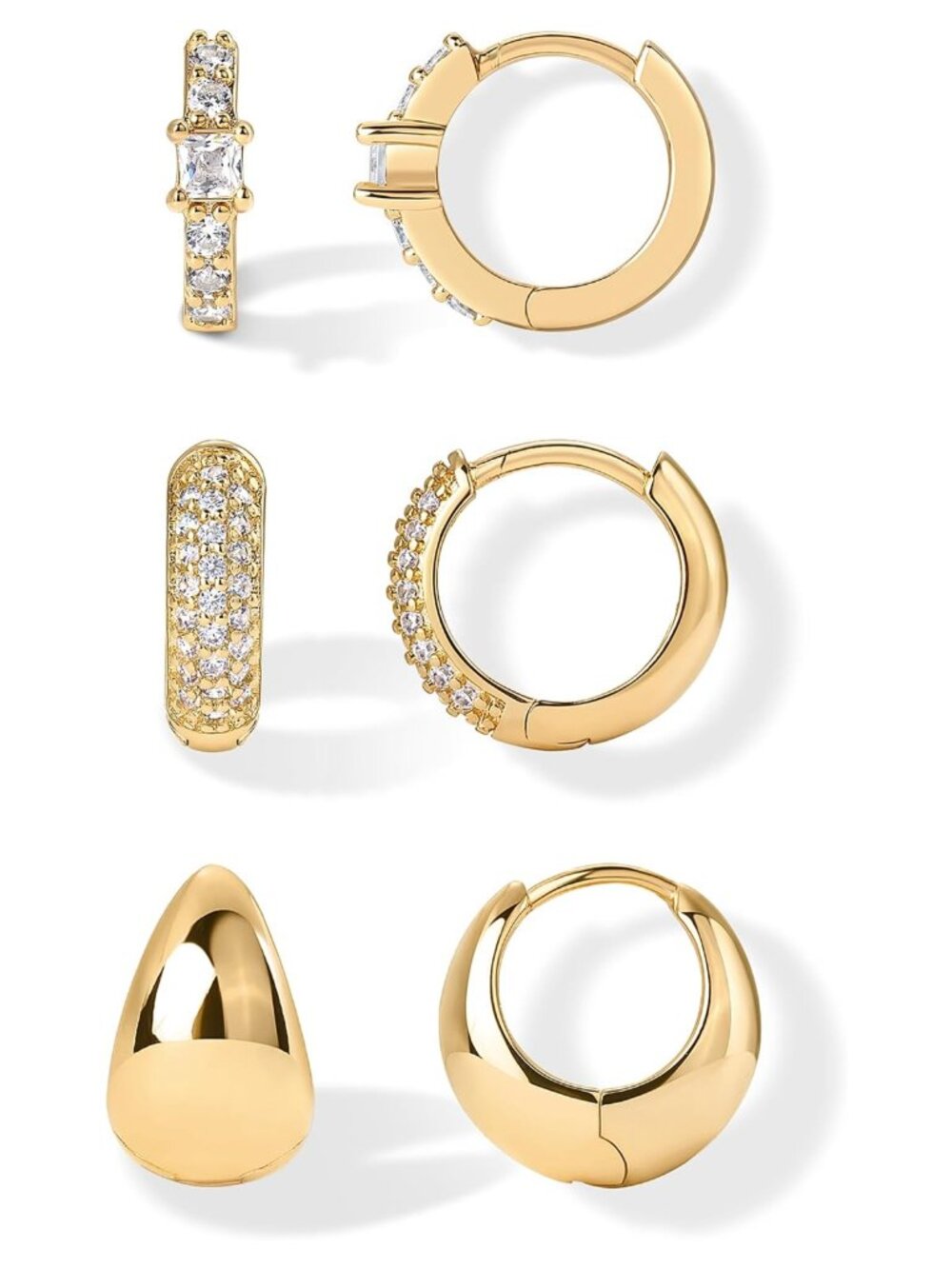 18K Gold Plated 3-Pair Huggie Hoop Earrings Set with CZ Stones for Women